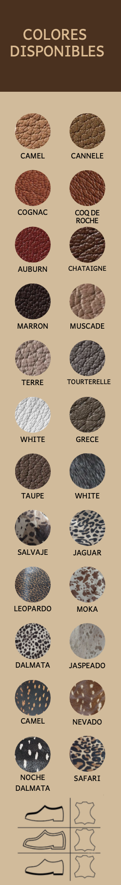 Muestra de colores y texturas de cuero disponibles en Vicora